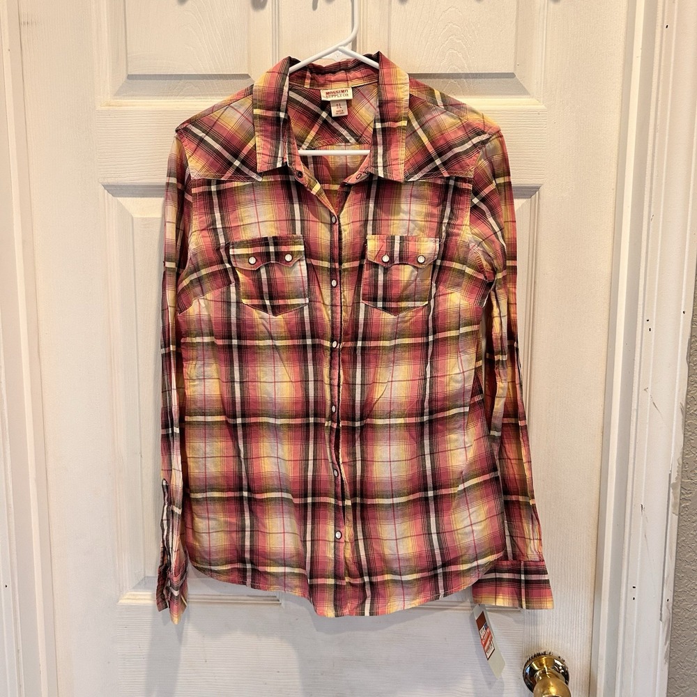 Mossimo Supply Co Womens Large Pink Plaid Western Snap Front Cotton Shirt NWT